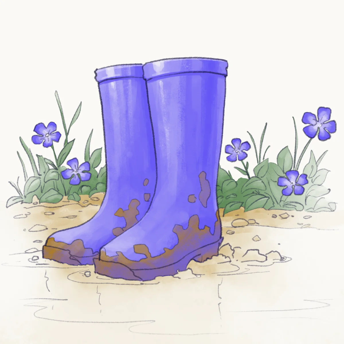 Sketch of muddy purple rain boots standing in a puddle beside a bed of periwinkle flowers.