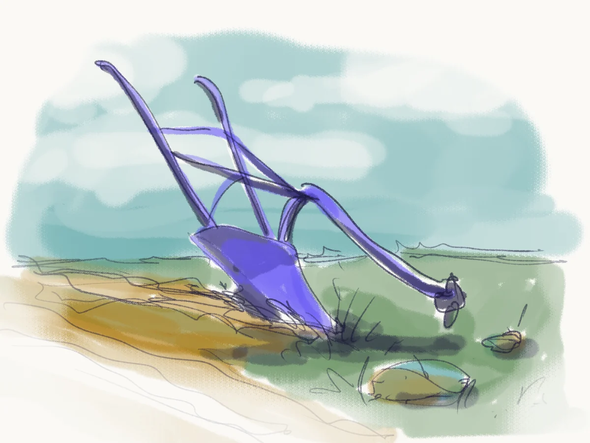 Sketch of a periwinkle-colored plow cutting a fresh furrow at the edge of a grassy field.