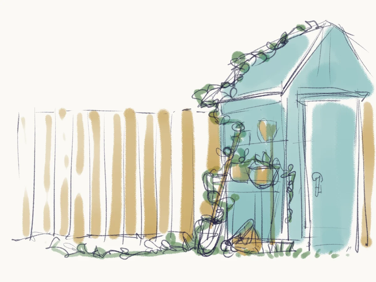 Sketch of a teal garden shed beside a wooden fence, with vines climbing the roof and a shovel leaning against the wall.