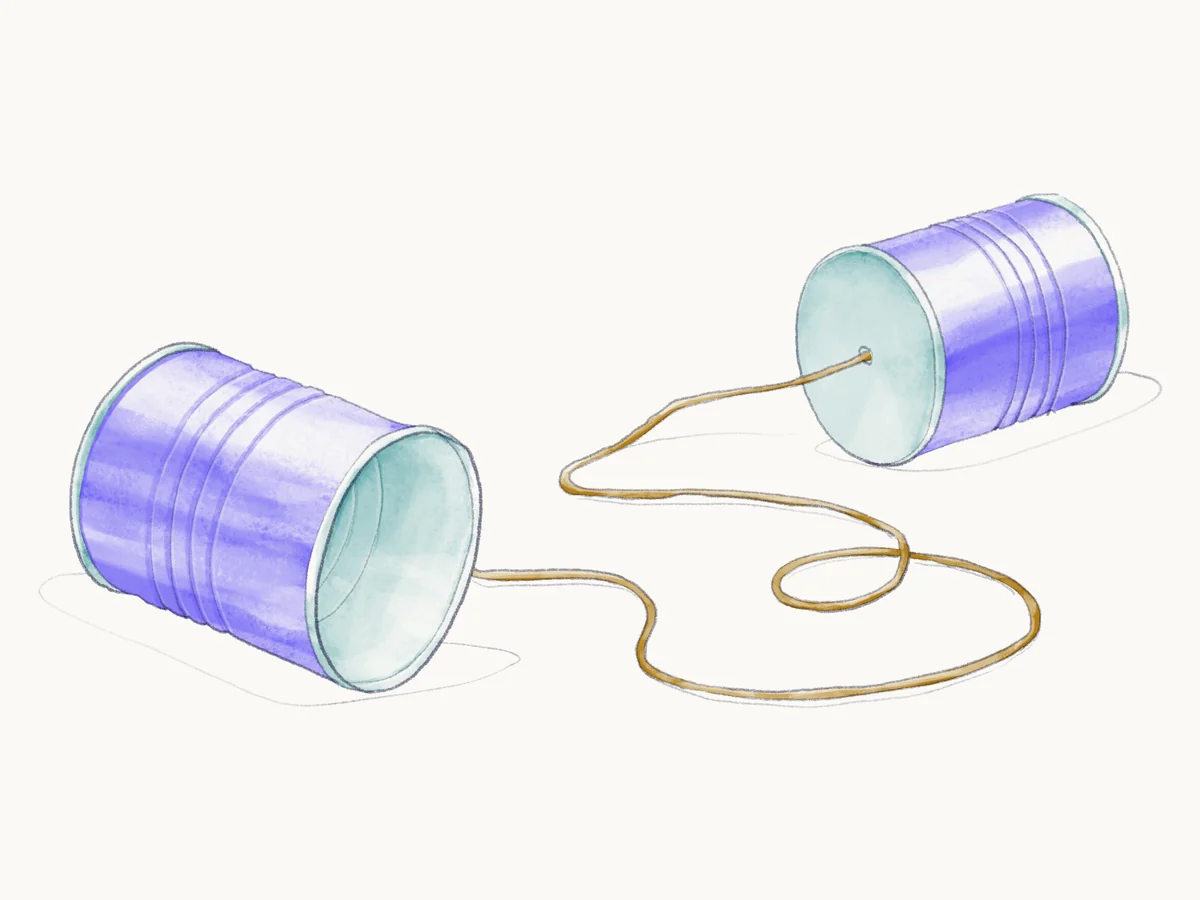 Sketch of two periwinkle tin-can telephones joined by a loose string, one lying on its side facing the other.