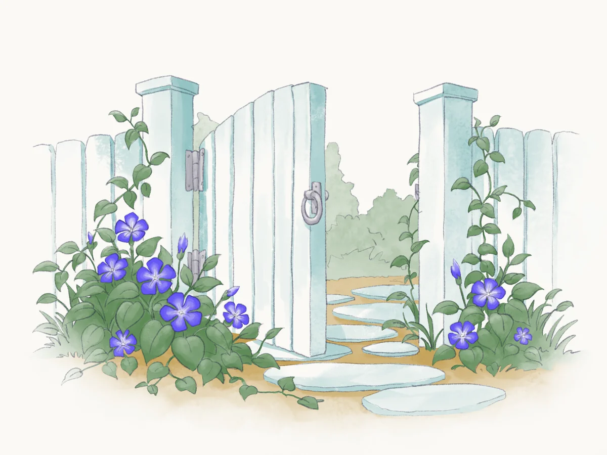 Sketch of a pale teal garden gate standing open onto a stone path, with periwinkle blooming along the fence.