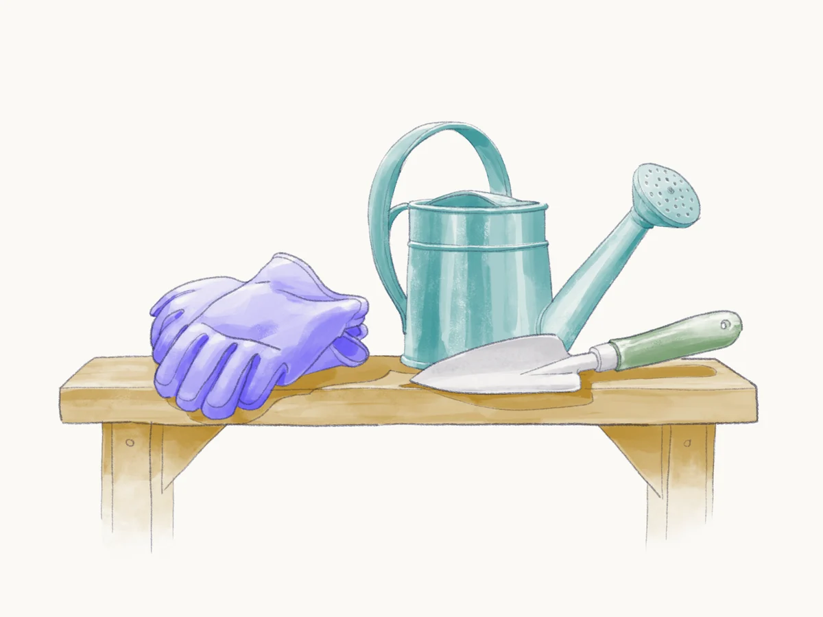 Watercolor of a wooden garden bench holding a pair of purple gloves, a teal watering can, and a green-handled trowel.