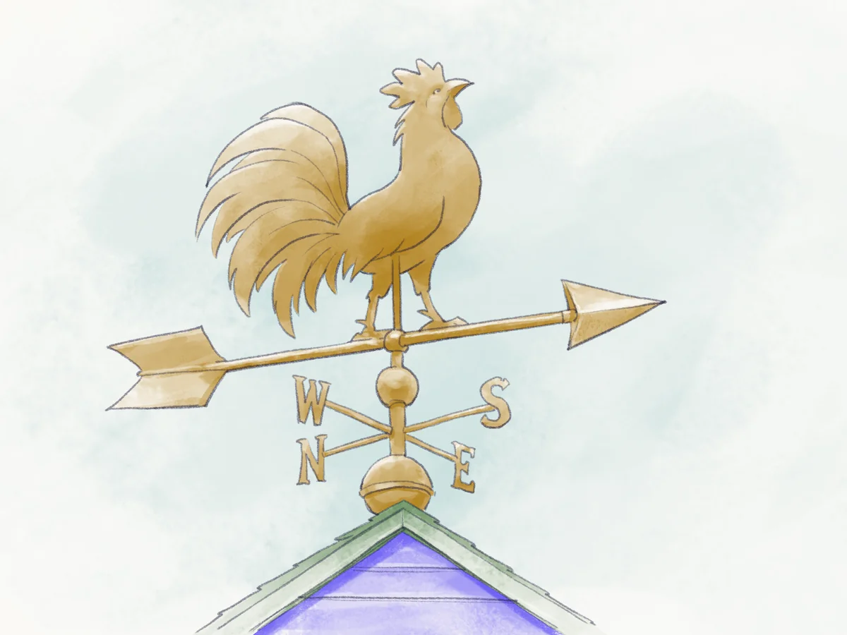 Sketch of a gold rooster weather vane on a purple rooftop, pointing steady against a pale sky.